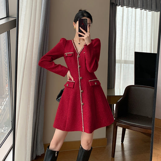 Red V-Neck French Waist Skirt