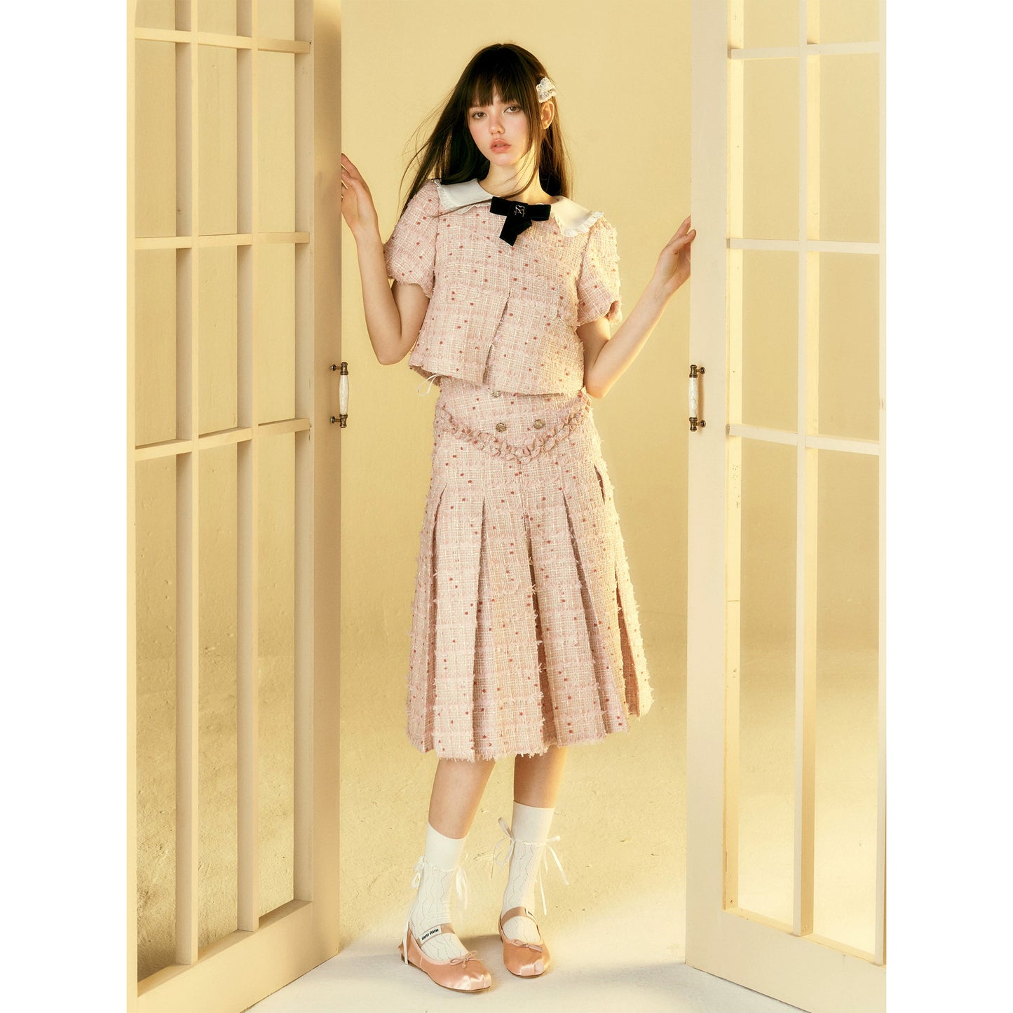 Doll Neck Top & Pleated Skirt Set