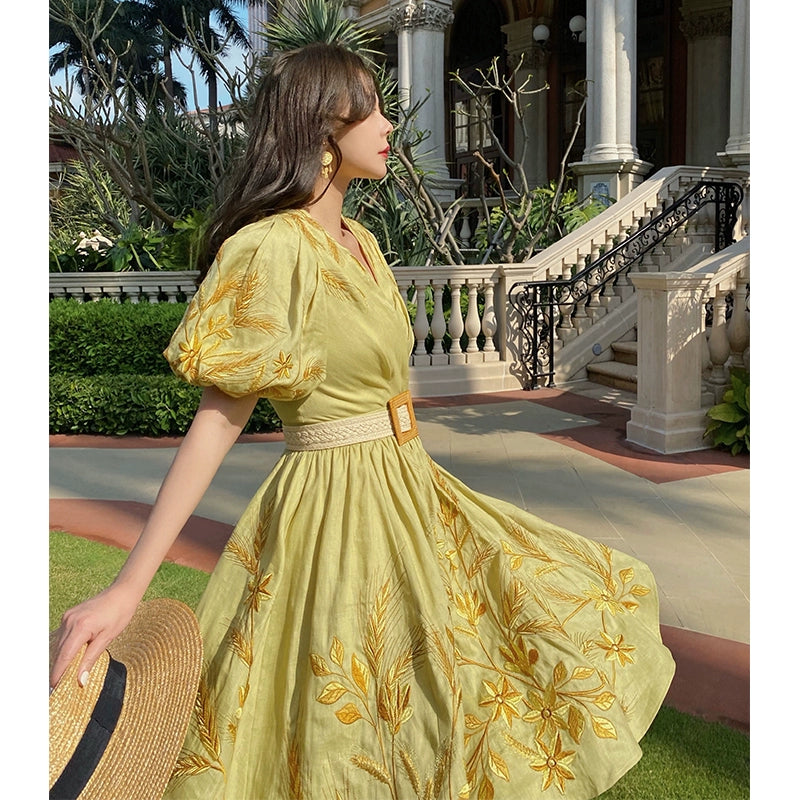 Golden Ears Heavy 3D Embroidery Linen Dress