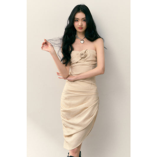 Gold Silk Rose Pleated Dress