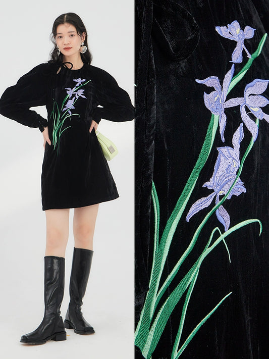 Vestido de otoño de terciopelo bordado chino