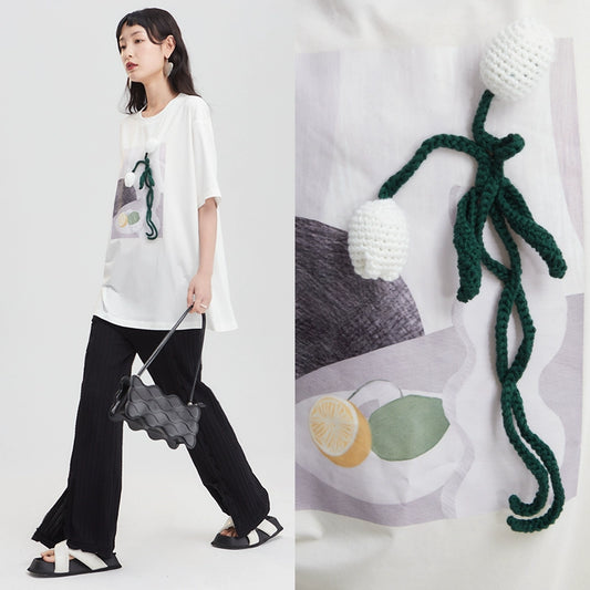 Original design of flower sketches in a vase with ears, still life printed round neck T-shirt