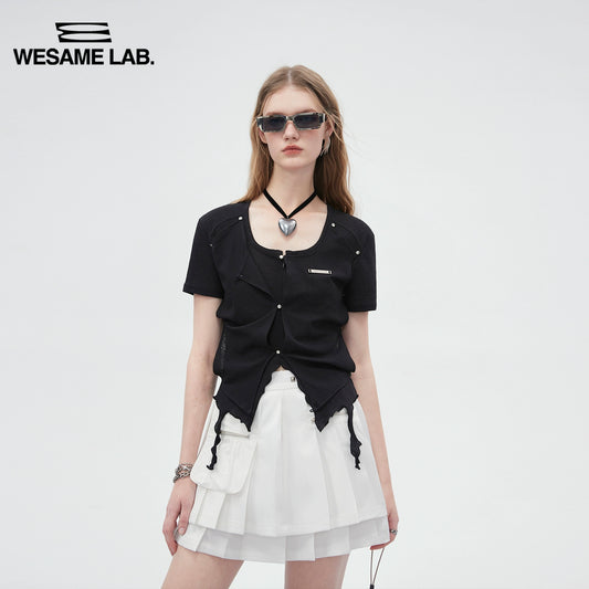 오리지널 디자인 튤 가짜 두 조각 버튼 짧은 정사각형 목 짧은 소매
