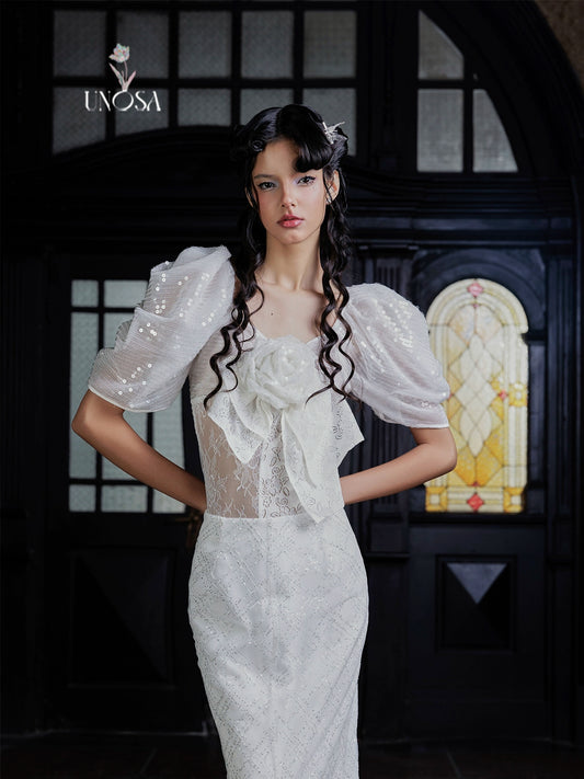 White Sequin Asymmetrical Top with 3D Floral Detail and Skirt