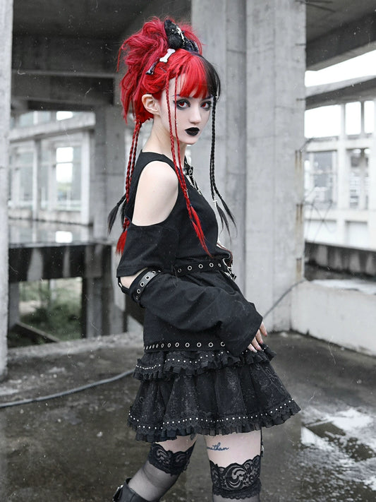 Punk Leather Rivet Layered Half Skirt