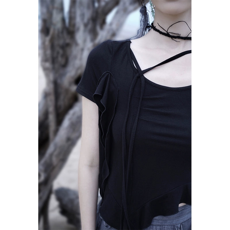 Элегантный французский черный топ: летняя футболка с коротким рукавом