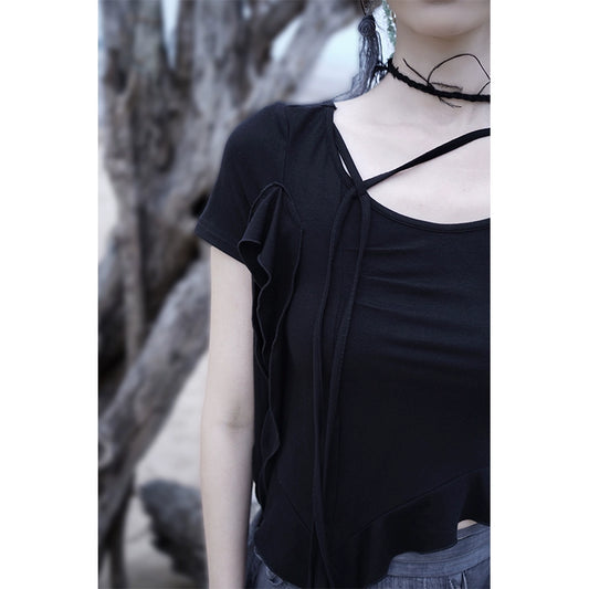 Элегантный французский черный топ: летняя футболка с коротким рукавом