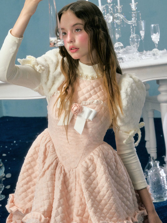 diseño original: encaje rosa con clip de algodón, lazo, broche de flores, encaje, falda esponjosa, falda sin mangas, invierno