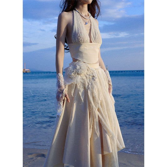 Beige lana floral media falda