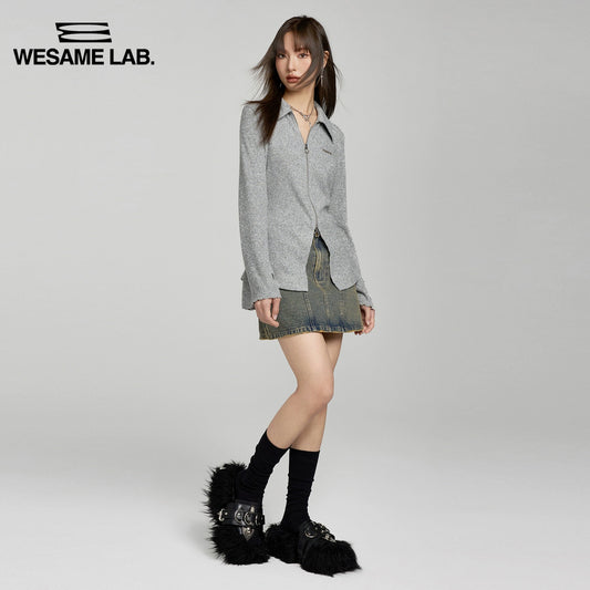 오리지널 디자인 감각 미국 레트로 방향 빛나는 높은 허리 매운 소녀 분할 A- 라인 데님 짧은 치마 여성