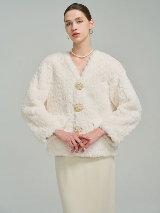 쉘 버튼 모피 코트