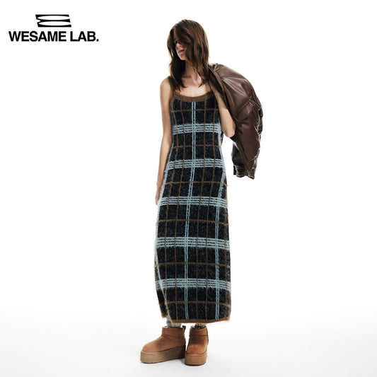 가을과 겨울 부드러운 모방 밍크 머리카락 혼합 색상 큰 격자 무늬 빈티지 느낌 슬링 드레스