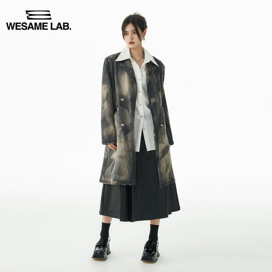 오리지널 디자인 감각 패션 잉크 감각 아메리칸 레트로 씻은 오래된 정장 데님 롱 코트