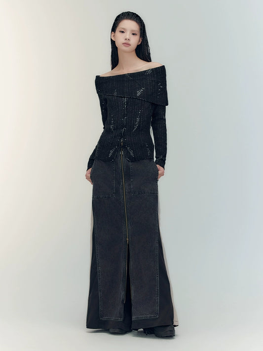 위안 니트 셔츠 및 데님 스커트 세트