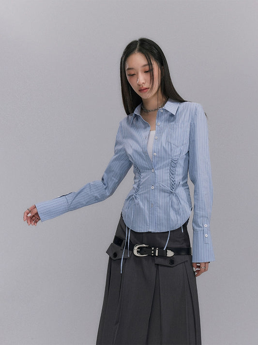 Полосатый синий - рубашка с флип -воротником