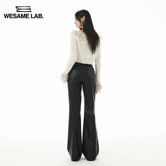 빈티지 패션 V- 웨이스트 가을 슬림 브라운 PU 가죽 미세 분노 넓은 다리 바지 씻은 가죽 바지