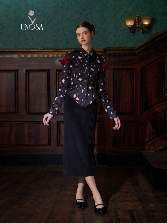 Black Fleece Retro Skirt with Red Line Accent and 3D Buckle