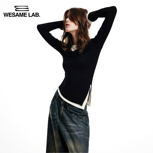 가을과 겨울 검은 가짜 두 조각 핫 다이아몬드 내부 쌍 긴 소매 티셔츠 스윙 목 바닥 셔츠 여자