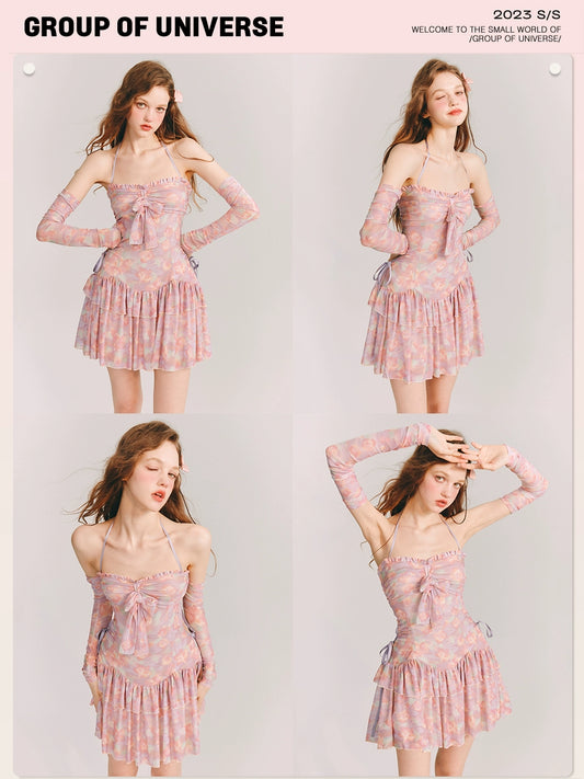 Neon Blossom Charm - Elastic Bow Neck Dress