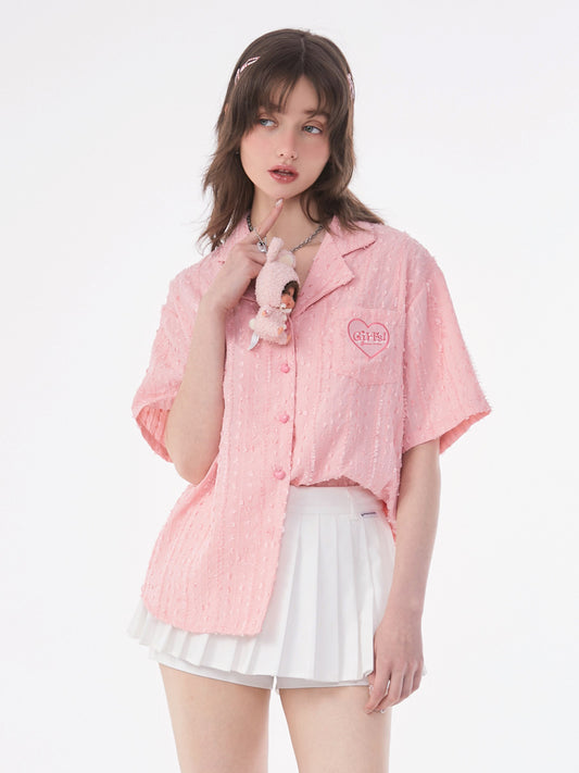 Love Embroidery Top - Pink Short Sleeve Shirt