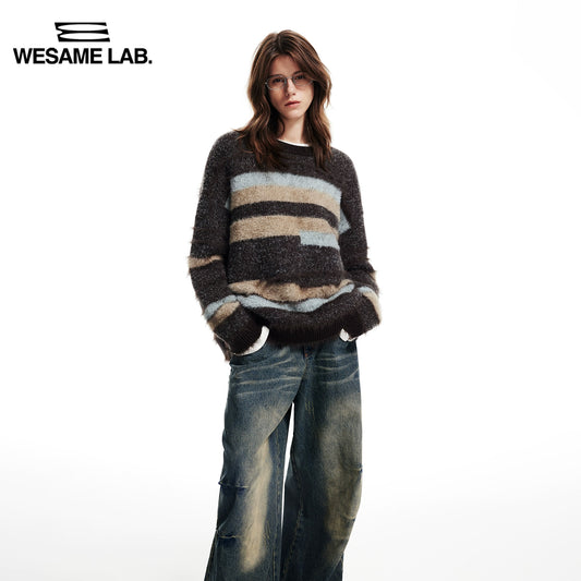가을과 겨울 플러시 모방 밍크 모피 두 톤 느슨한 둥근 목 풀 오버 비대칭 스트라이프 스웨터