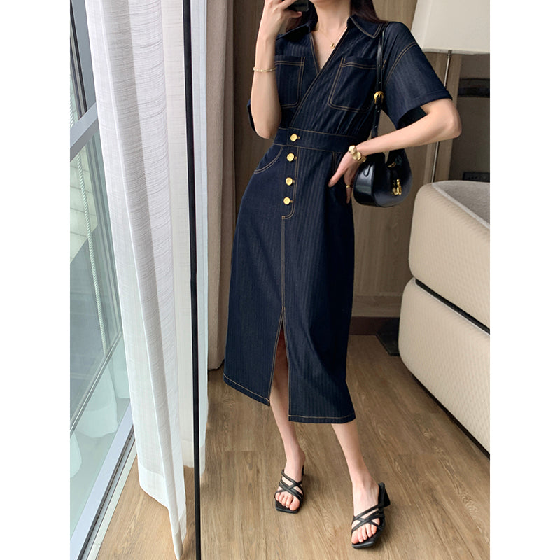 denim one piece dress Blue Frilly Square Neck Bustier Puff Sleeve Short Denim Dress HannaBanna Clothing
