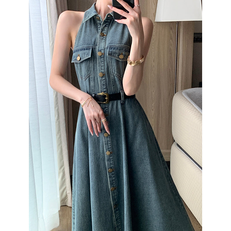 adult denim dress Dark Denim Zip Front Dress