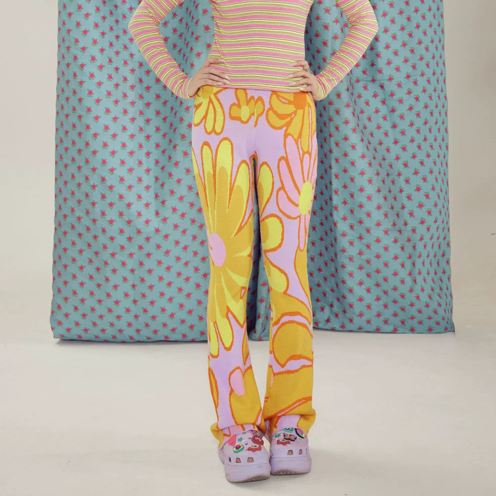Purple Flower Slim Knit Pants