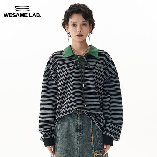 오리지널 디자인 감각 아메리칸 레트로 틈새 긴 소매 느슨한 폴로 목 여성 줄무늬 티셔츠 여성