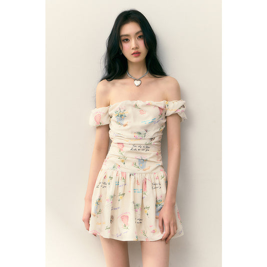 Letter Off-Shoulder Pleated Dress