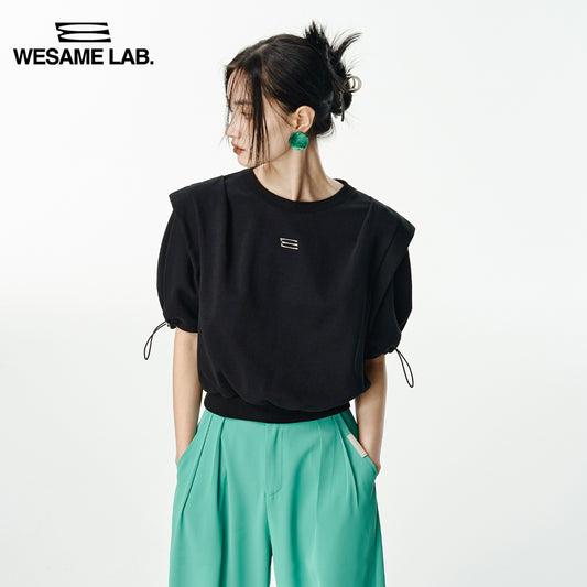 오리지널 어깨 패드 둥근 목 짧은 슬리브 티셔츠 여자 봄 짧은 바닥 셔츠 작은 디자인 감각 상단