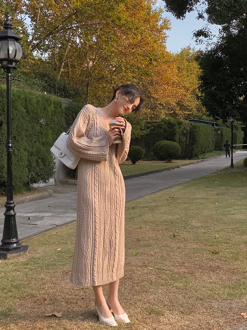 Retro Tweed V-Neck Knit Dress