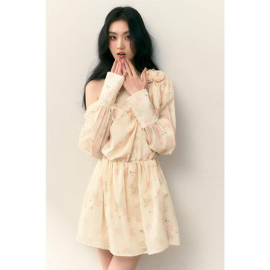 Off White Pink Shoulder Elastic Dress