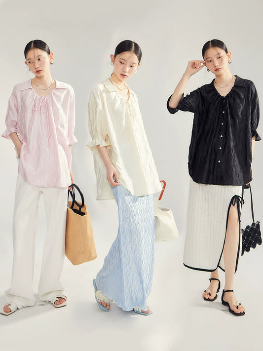 Original Design Moonlight Flowing Light Lazy Wind Loose Satin Wave Pleated Tie Short Sleeve Shirt