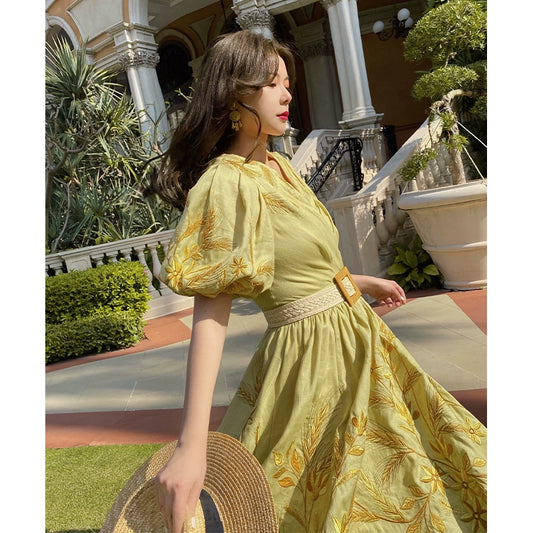 Golden Ears Heavy 3D Embroidery Linen Dress