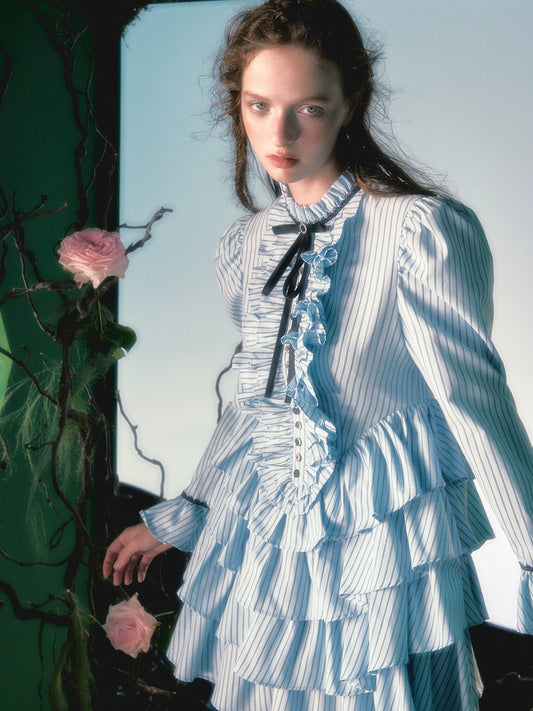 Vestido camisero ajustado de cintura alta, manga de burbuja con aguja en el pecho, diamantes de imitación, Raya vertical, azul, negro, diseño Original