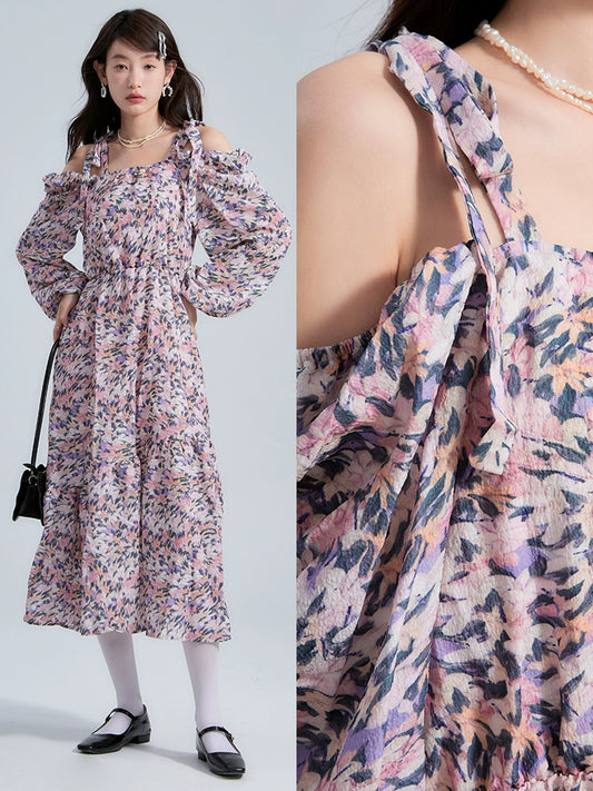 Little Wild Flower Vintage Square Collar Strap Off Shoulder Tea Break Dress Fragmented Flower Early Autumn Dress