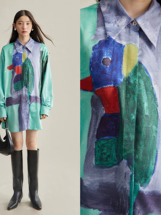 Half Smiling Parrot Art Positioning Print Loose Sleeve Shirt