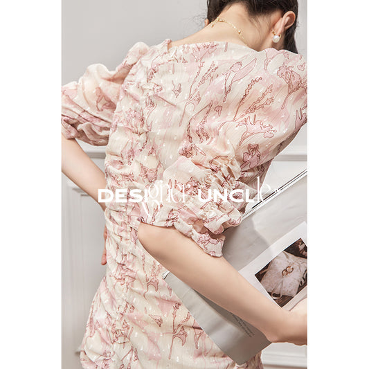 Pink Bubble Sleeve Short Dress