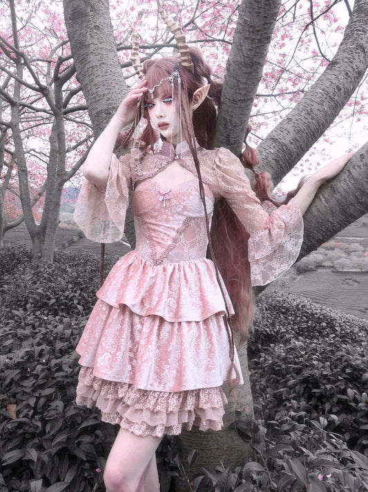 Sakura Velvet Lace Dress: Lotus Pink, Flying Sleeves