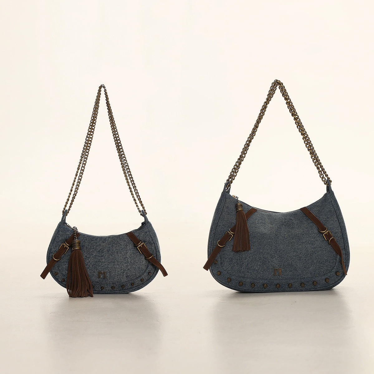 Twill Denim Studded Chain Bag