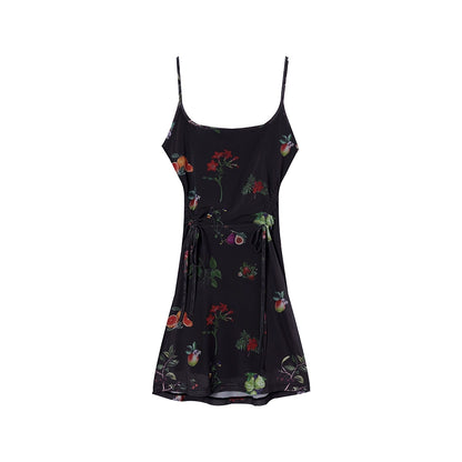 Chinese Mesh Camisole Floral Dress - Women's Slim Fit Spicy Girl Style