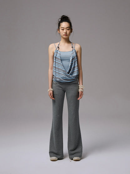 Beaded Halterneck Camisole – Contrast Stripe Fake Two-Piece Crop Top