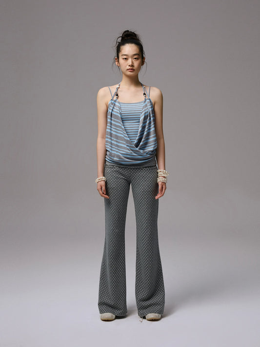 Beaded Halterneck Camisole – Contrast Stripe Fake Two-Piece Crop Top