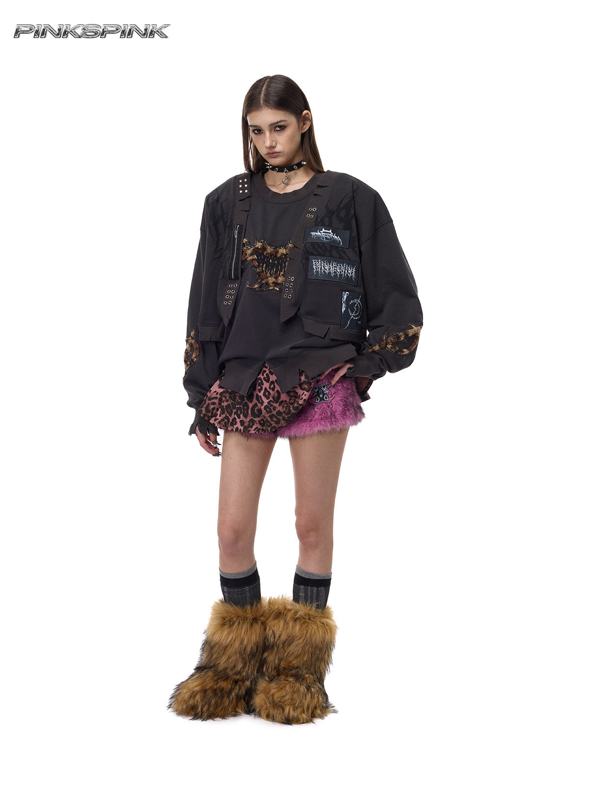 Heavyweight Thorn Leopard Heart Embroidered Punk Y2K Sweatshirt