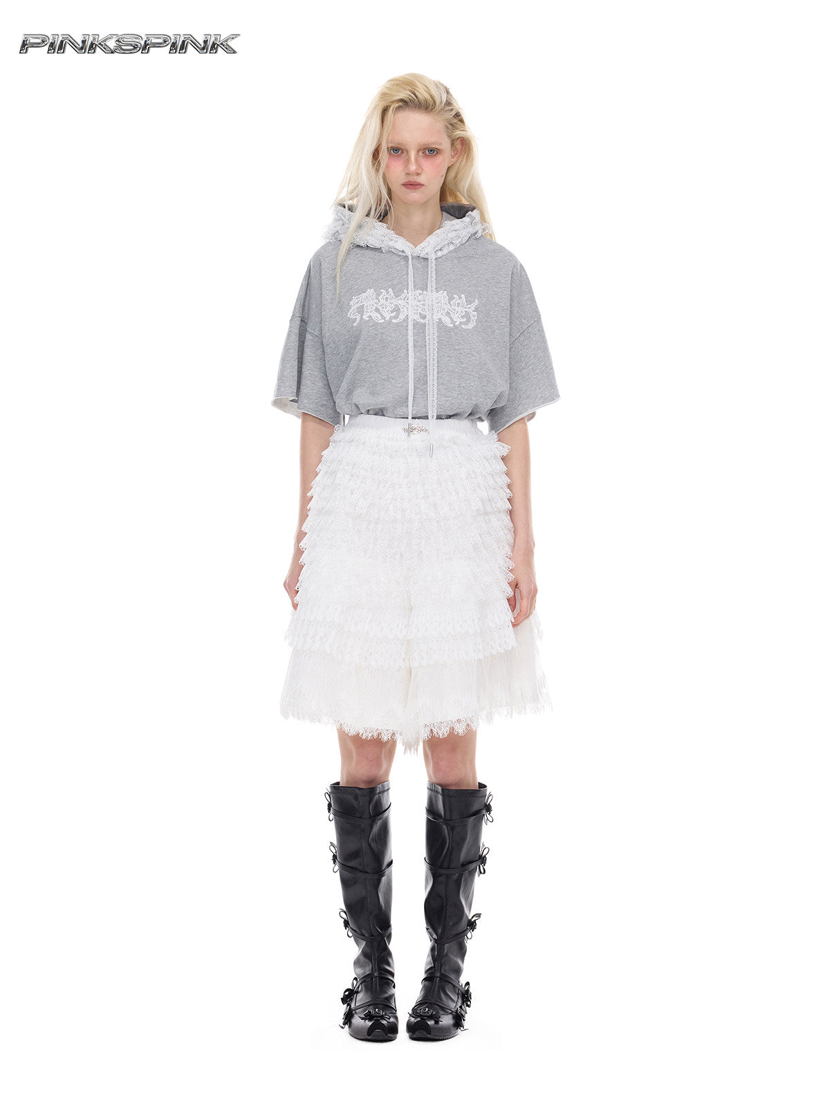 Lace-Trim Hooded Backless Punk Ballet Sporty Y2K Tee