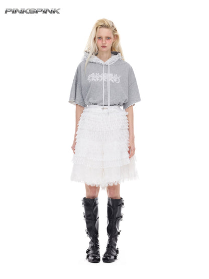 Lace-Trim Hooded Backless Punk Ballet Sporty Y2K Tee