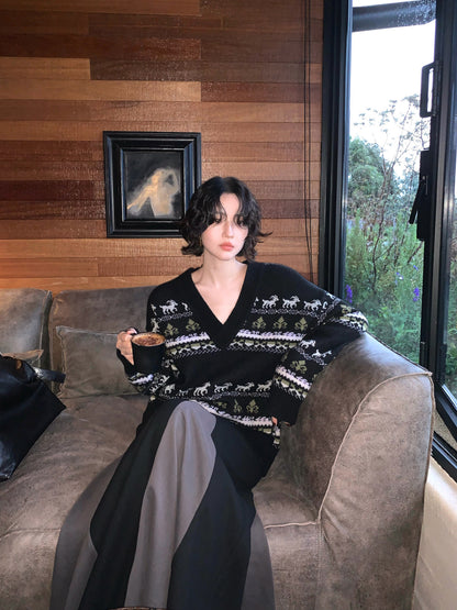 Fair Isle Wool V-Neck Knit Sweater – Hong Kong Retro Autumn/Winter Style