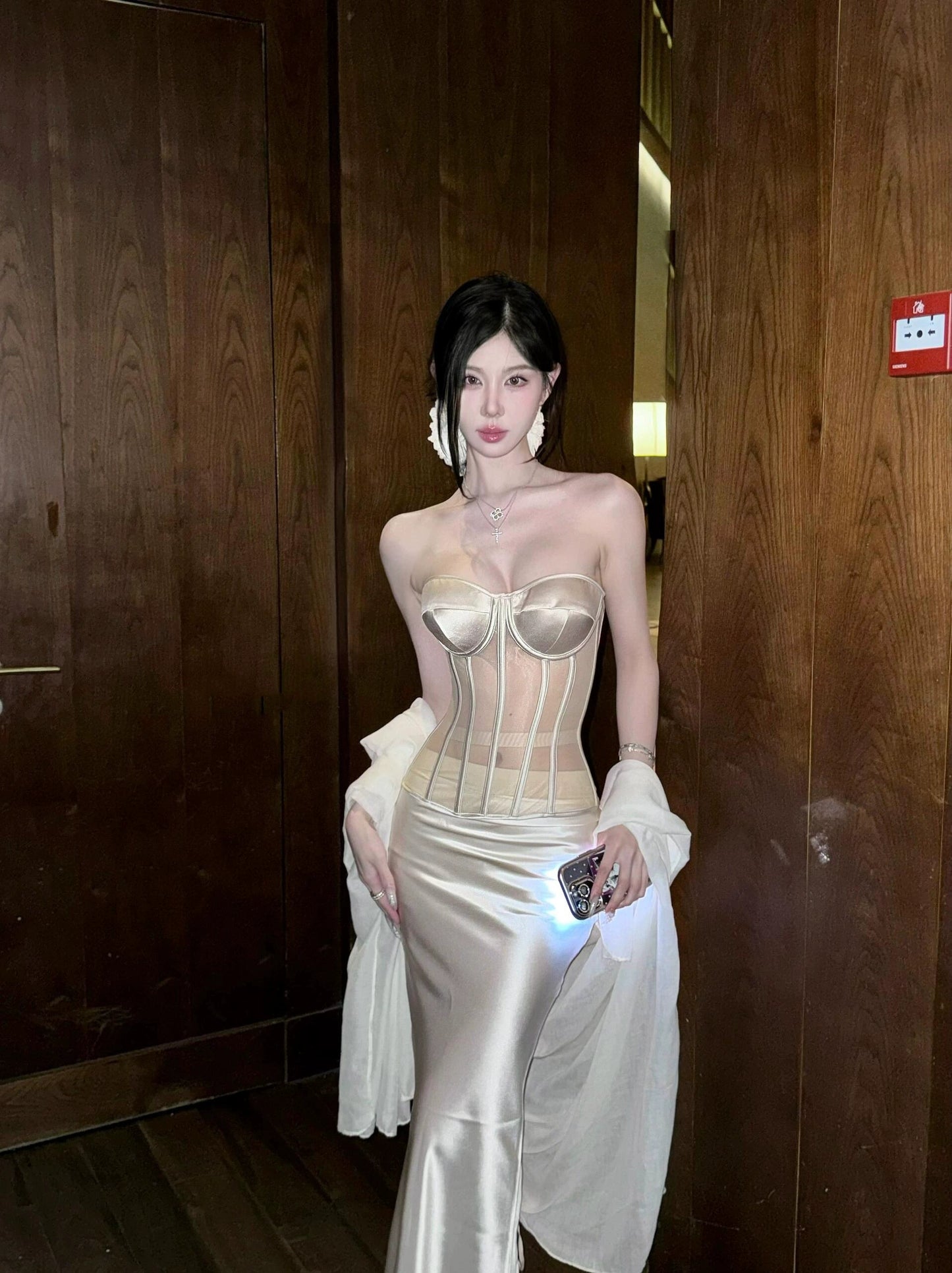 Celebrity Bandeau Dress – Luxe Herringbone Hip-Wrap Party Gown