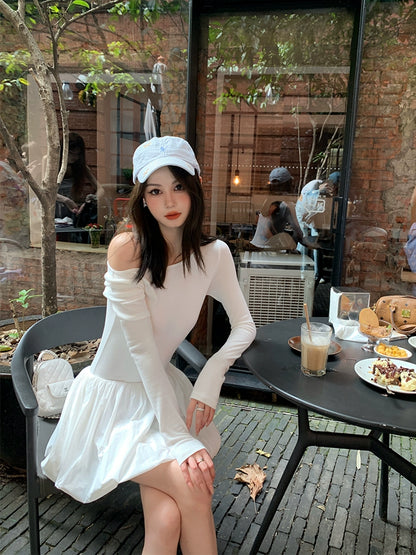 [Off-Shoulder Ballet] Flower Bud Skirt - Off-Shoulder Long Sleeve Dress